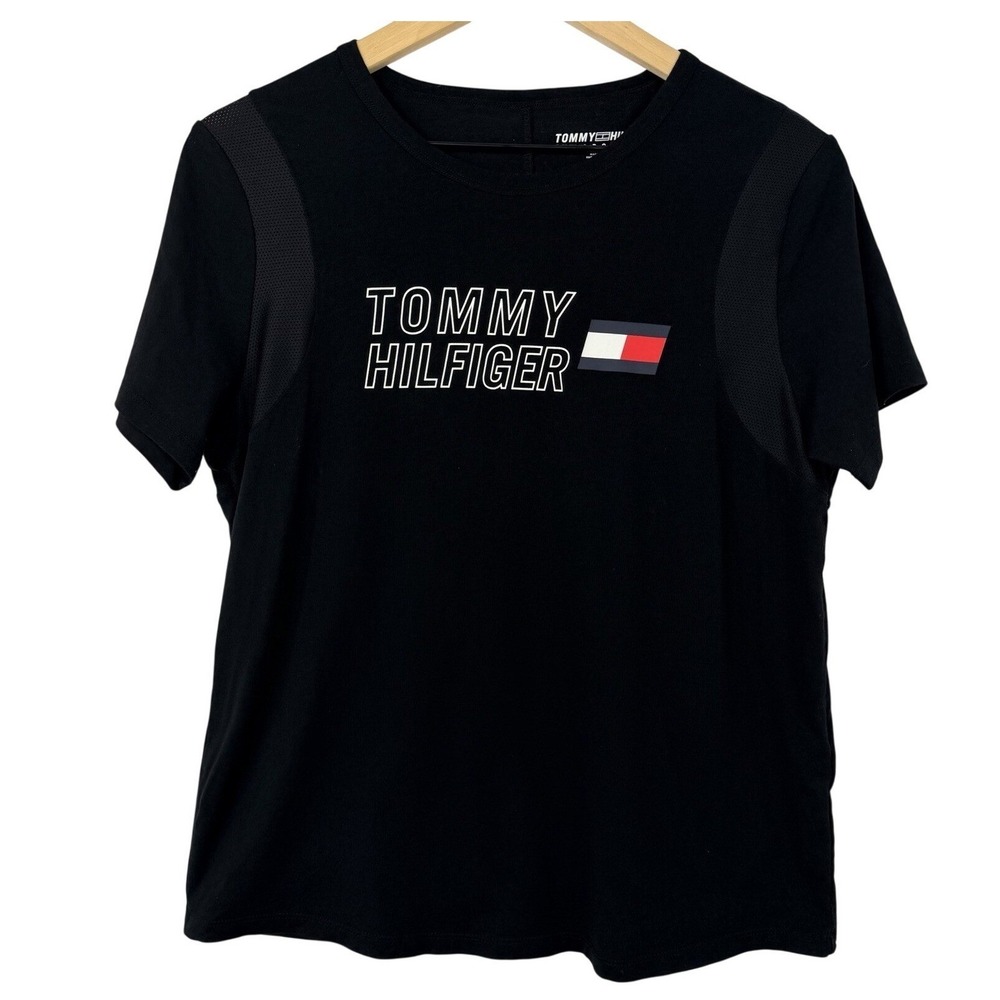Tommy Hilfiger Sport Womens Black Short Sleeve Mesh Panel Logo T-Shirt Size M‎